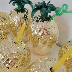 Set of 8 High Quality Metallic Gold Pineapple Disco Drink Cups w/ Straws and Lid